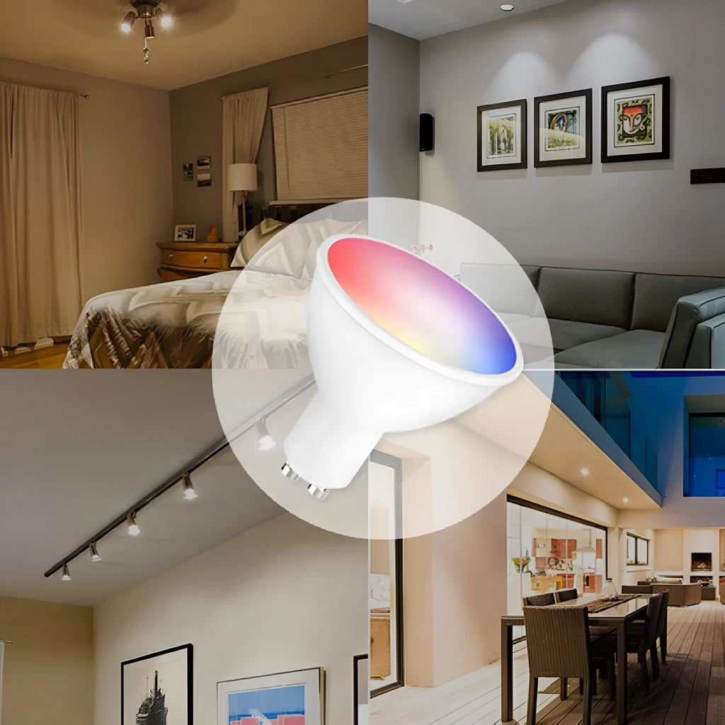 GU10 smart spotlight bulb with Wi-Fi and voice control, showing RGBCCT lighting capabilities