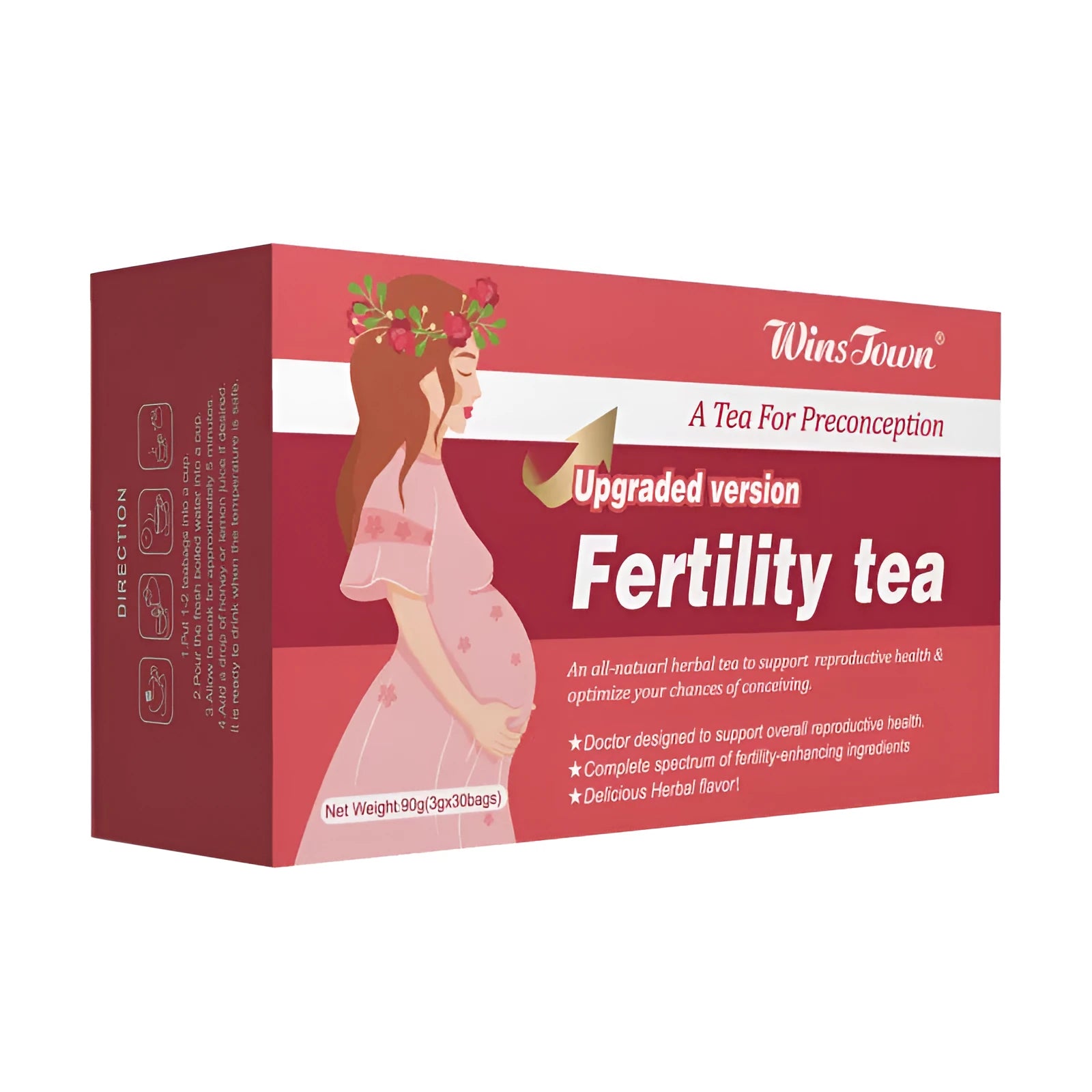 Fertility tea box showing 330 tea bags in 3x30 packaging configuration for herbal reproductive health support