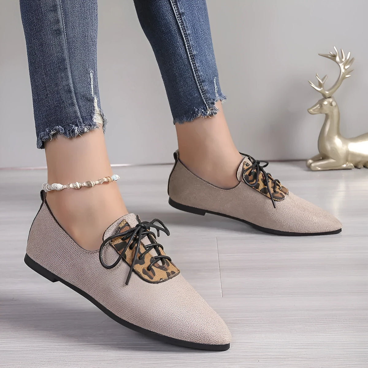 Beige leopard print pointed toe pumps for women in plus sizes with artificial PU leather upper and rubber sole