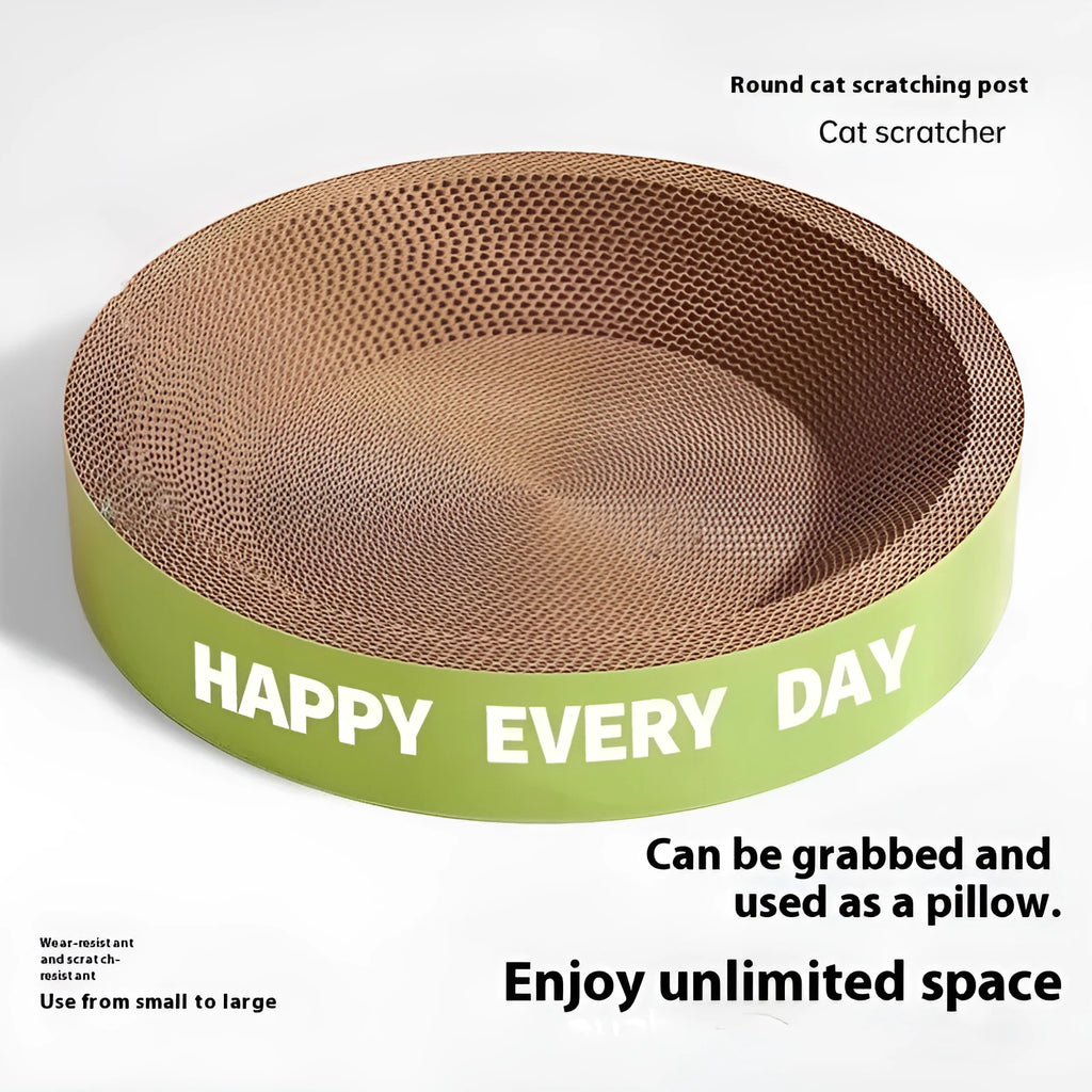 Large round green cat scratching bed with sisal scratching surface and fabric sleeping area