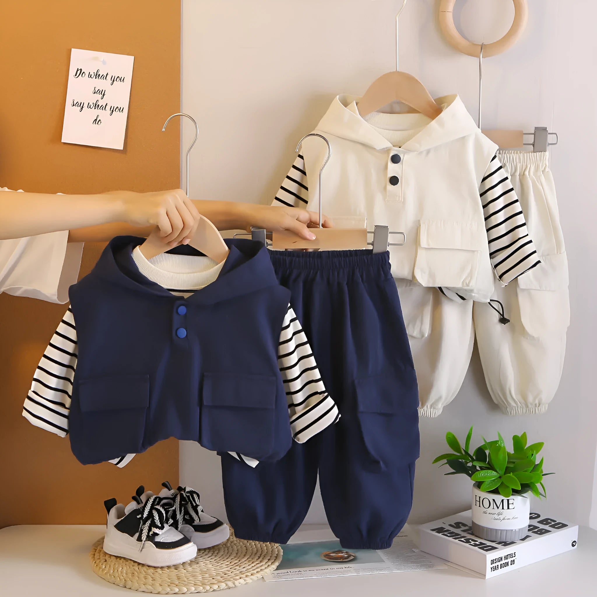 Boys cotton striped hoodie vest and trousers three-piece set in beige showing front view
