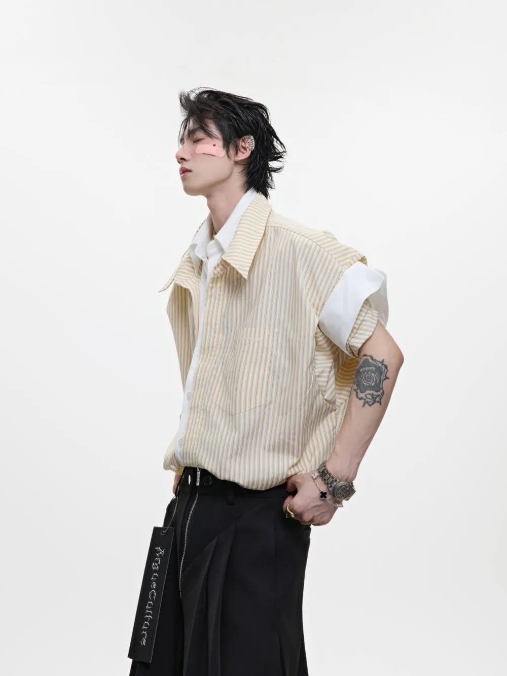 College blue striped fake two piece short sleeve cardigan with lapel collar in 100% cotton