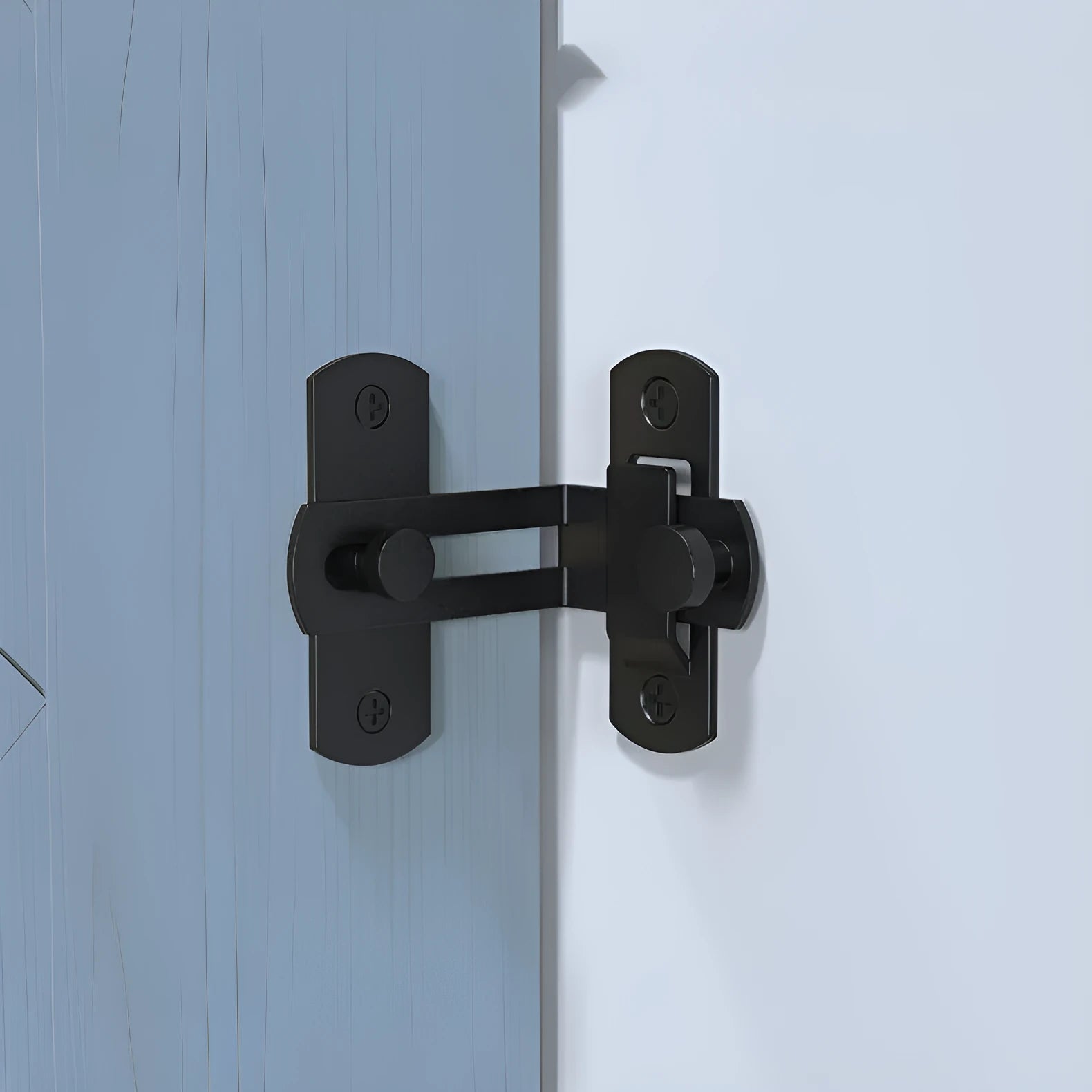 90-degree black carbon steel buckle lock with flat stainless steel shackle for sliding doors