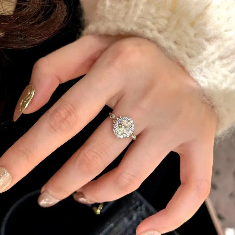 Silver geometric ellipse ring with adjustable opening and diamond treatment on copper