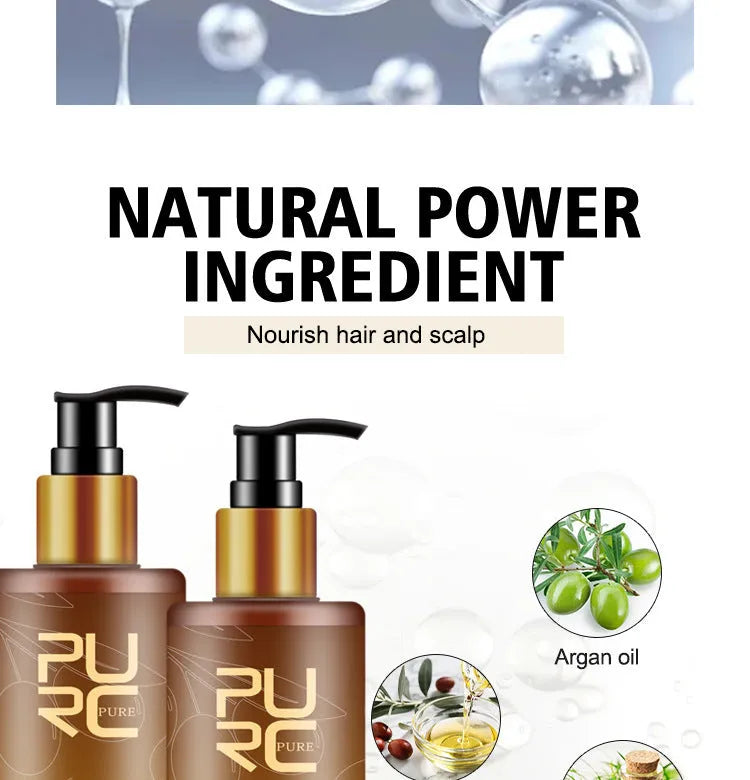 PURC Ginger Biotin three-piece hair care set with shampoo, conditioner, and essential oil in white bottles