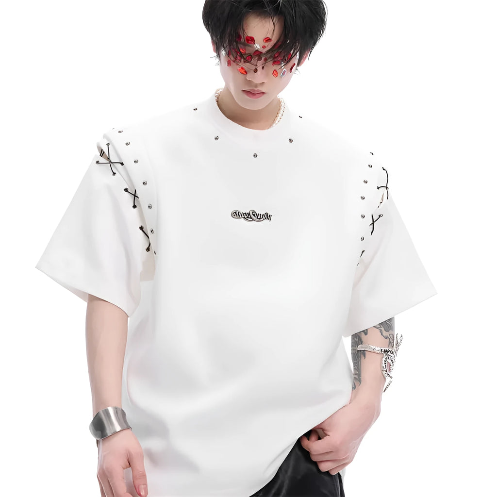 Black deconstructed lace-up short sleeve t-shirt with front cutout detail on a mannequin.