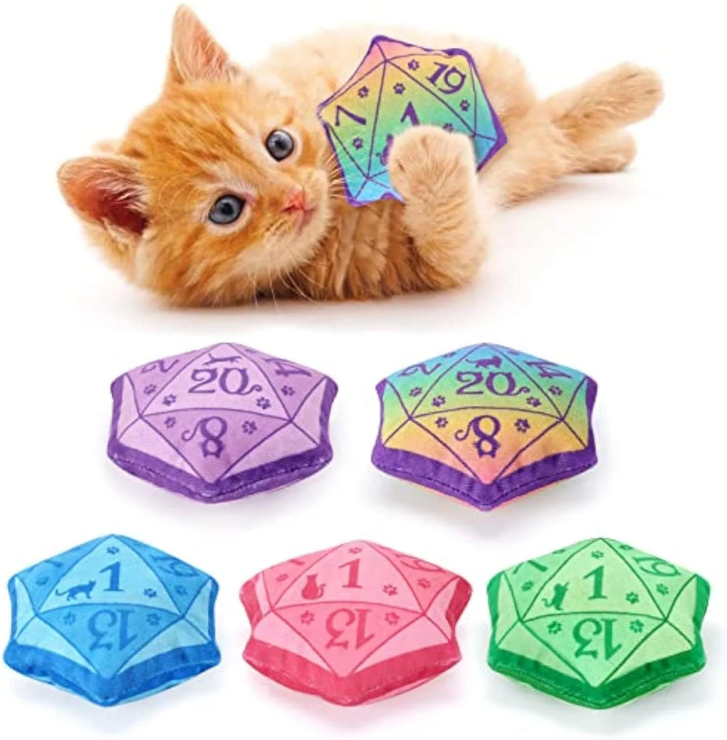 DND-inspired dice-shaped catnip toy in soft plush fabric, available in blue, purple, green and pink colours