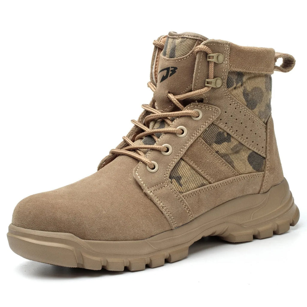 Khaki suede high-top safety boots with steel toe cap and front lace-up closure