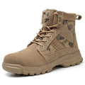 Khaki suede high-top safety boots with steel toe cap and front lace-up closure