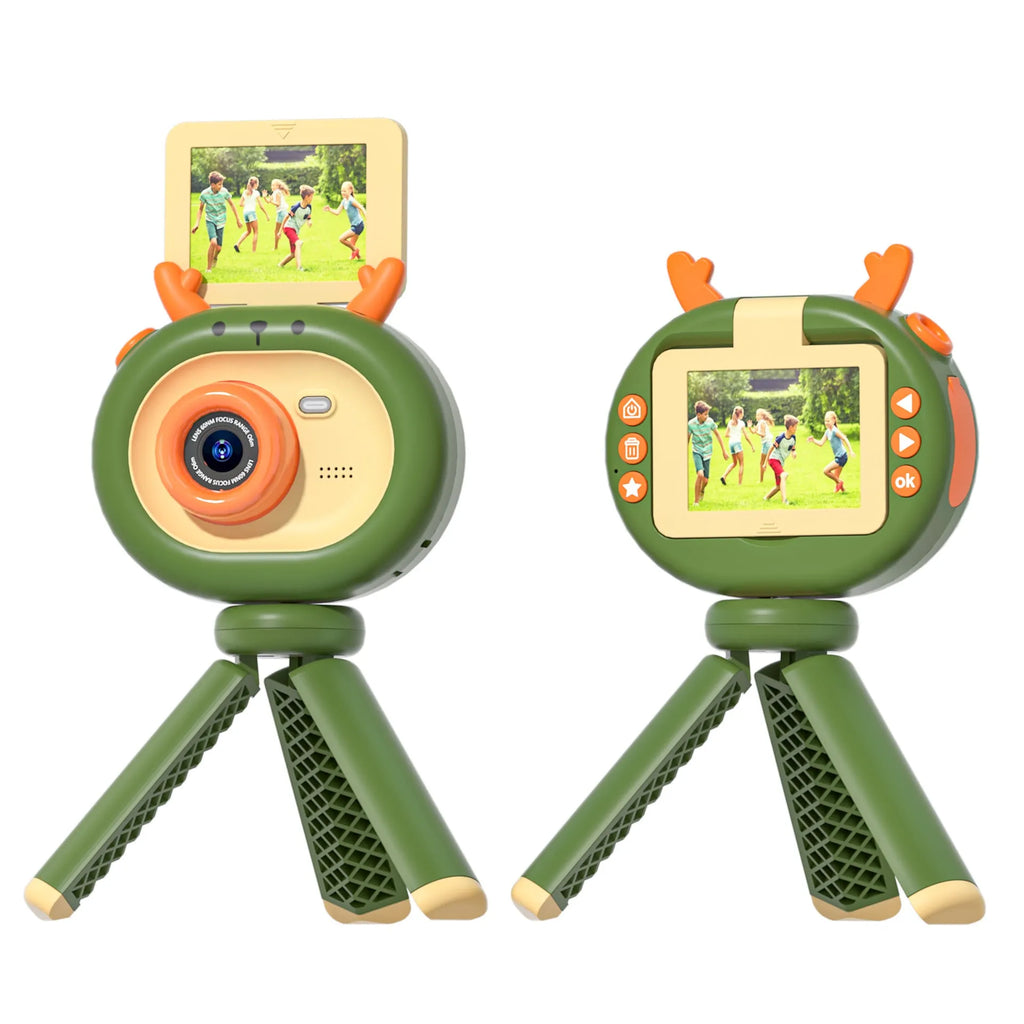 Children's purple digital camera with flip screen and silicone protective case shown with lanyard and accessories