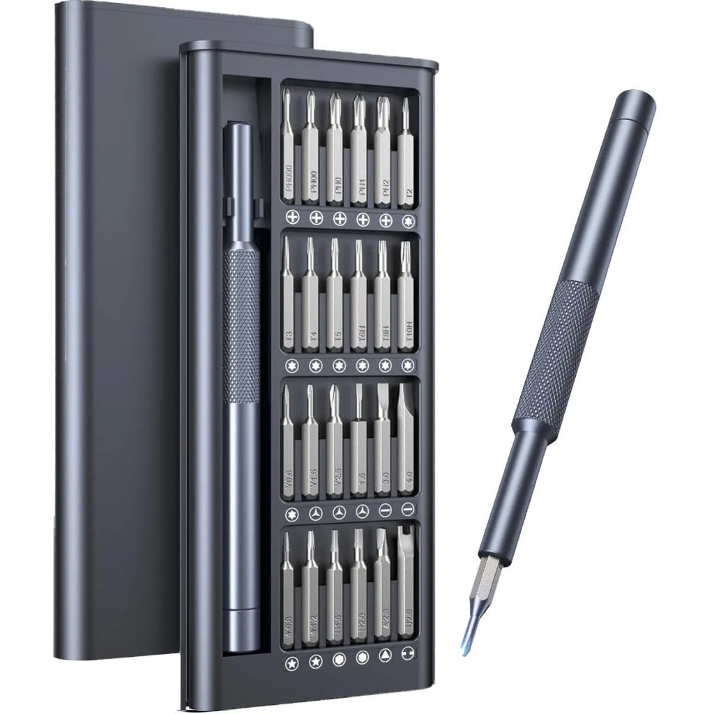 25-in-one magnetic screwdriver set with chrome vanadium steel bits and black ABS handle measuring 110mm