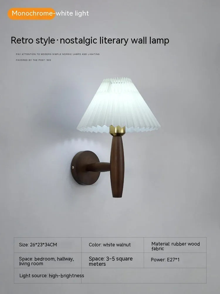 American Retro style walnut wood wall lamp with fabric shade and three light colour options.
