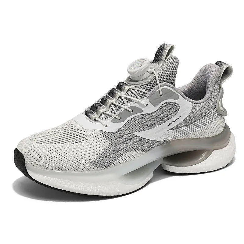 Men's white low-top running shoes with a rotating buckle closure and fly-knit mesh upper.