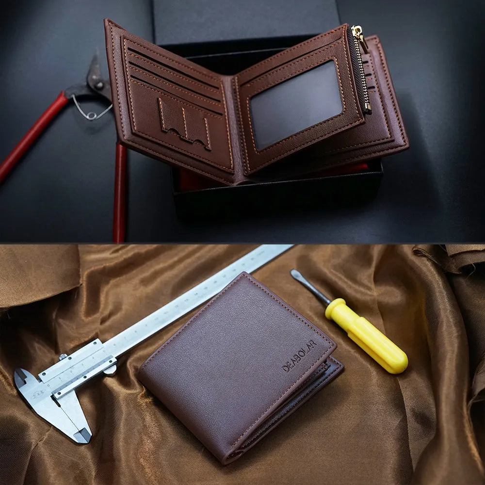 Brown genuine leather men's wallet with zipper closure showing seven organisational compartments