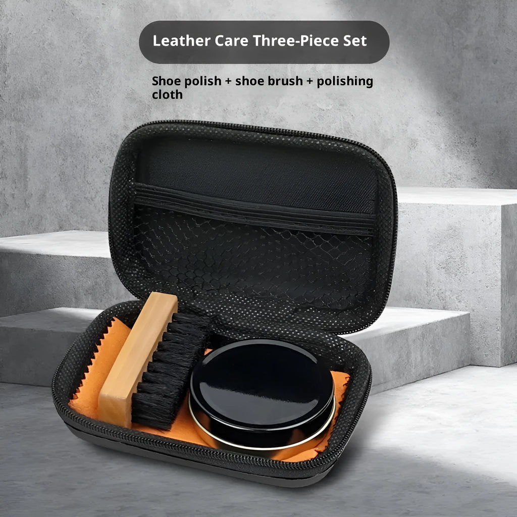 Shoe care maintenance set with leather oil, shoe brush, and cleaning cloth in black bag
