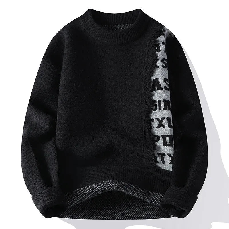 Men's loose-fit grey knitted pullover with a ribbed hemline, showing front view.
