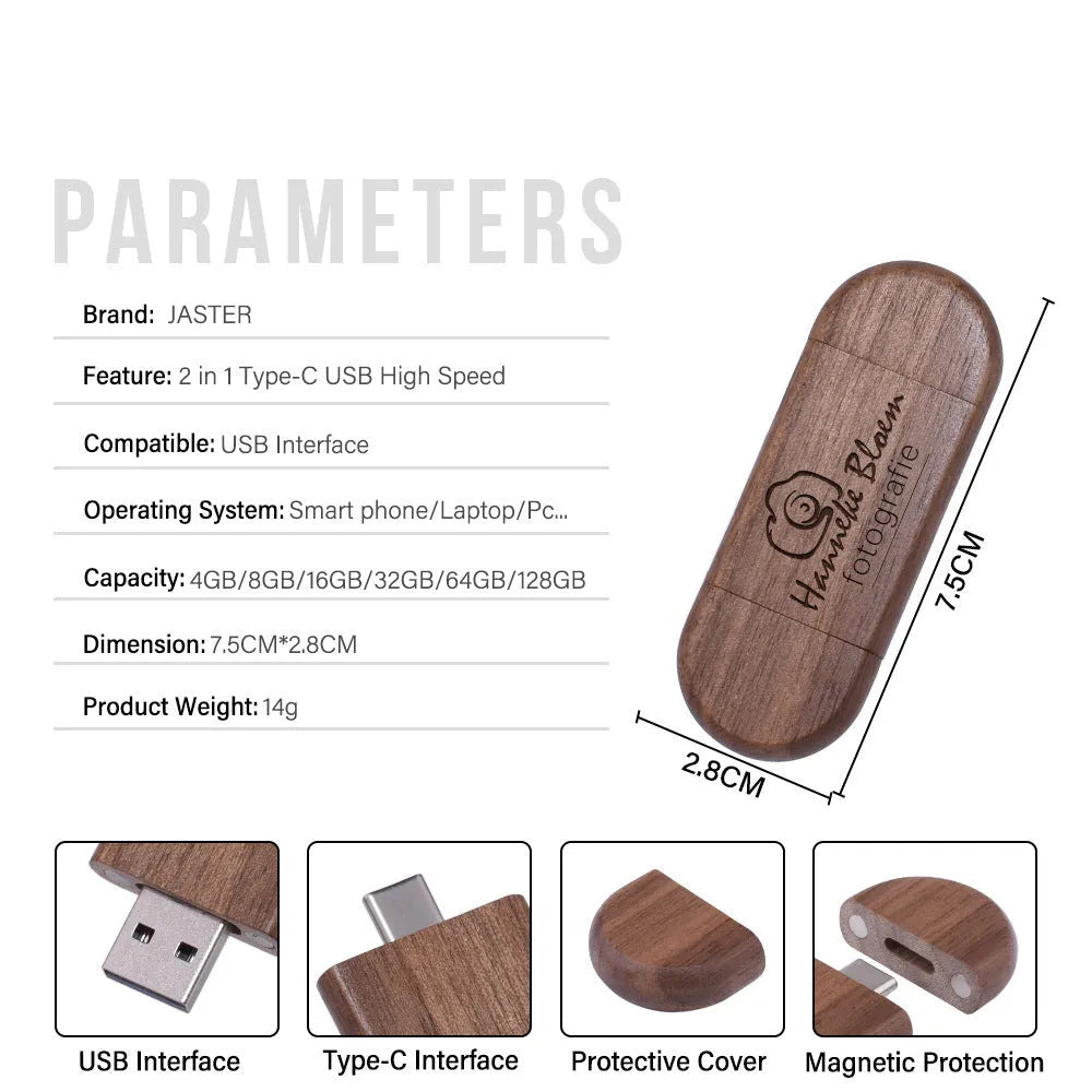 Wooden USB flash drive with natural finish showing 2-in-1 mobile phone and computer connectivity
