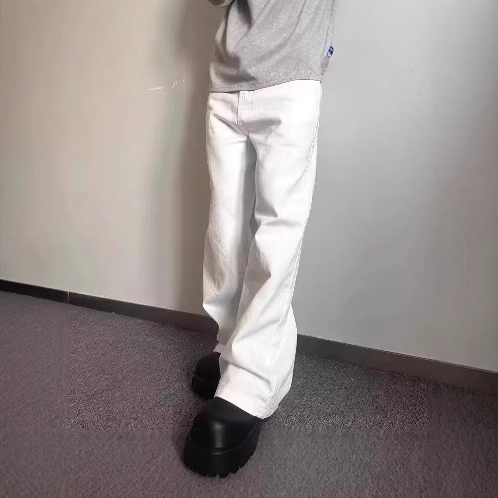Men's high-grade white loose straight leg denim jeans on a mid-waist.