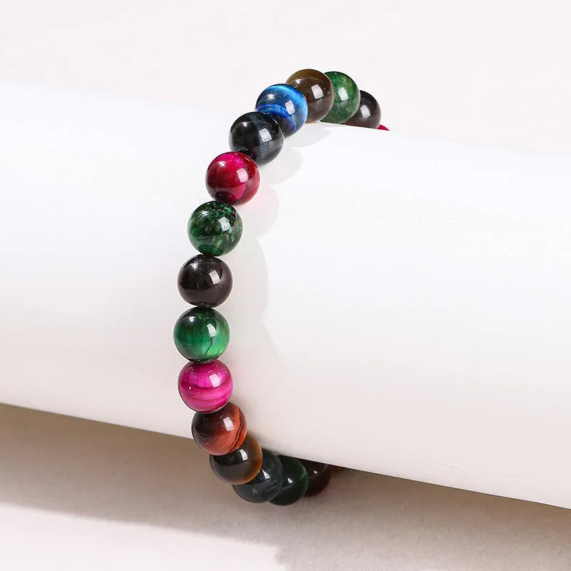 Colourful Tiger Eye stone bead bracelet with mixed string in geometric round design