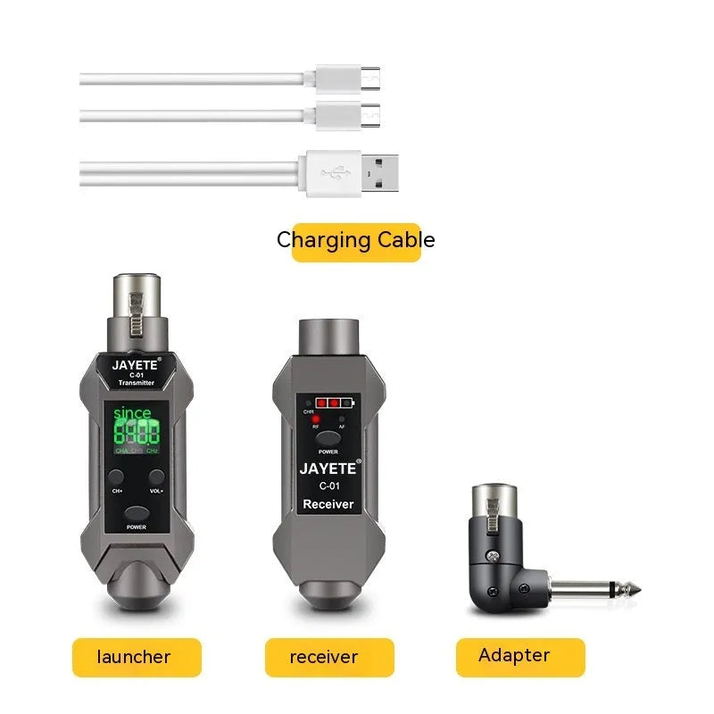 Wireless microphone converter set with transmitter, receiver, and converter head for moving coil and condenser mics, 15x15x5cm