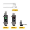 Wireless microphone converter set with transmitter, receiver, and converter head for moving coil and condenser mics, 15x15x5cm