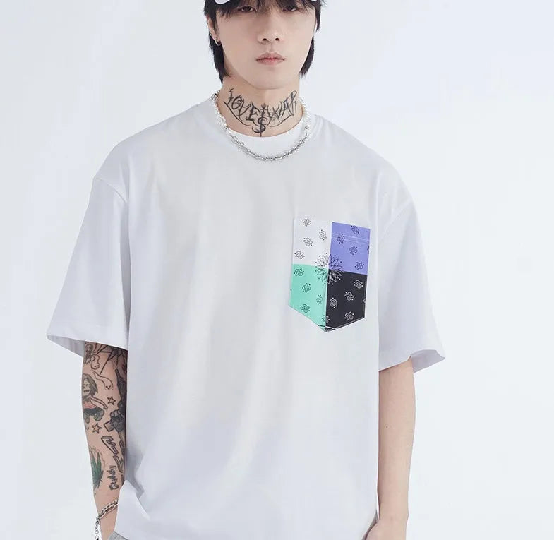 Men's loose cotton stripe printed short sleeve T-shirt pullover in black and white