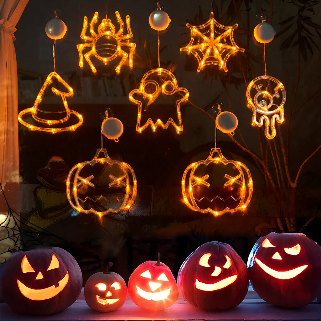 Seven Halloween-themed battery LED window lights with spiders, pumpkins, ghosts on suction cups