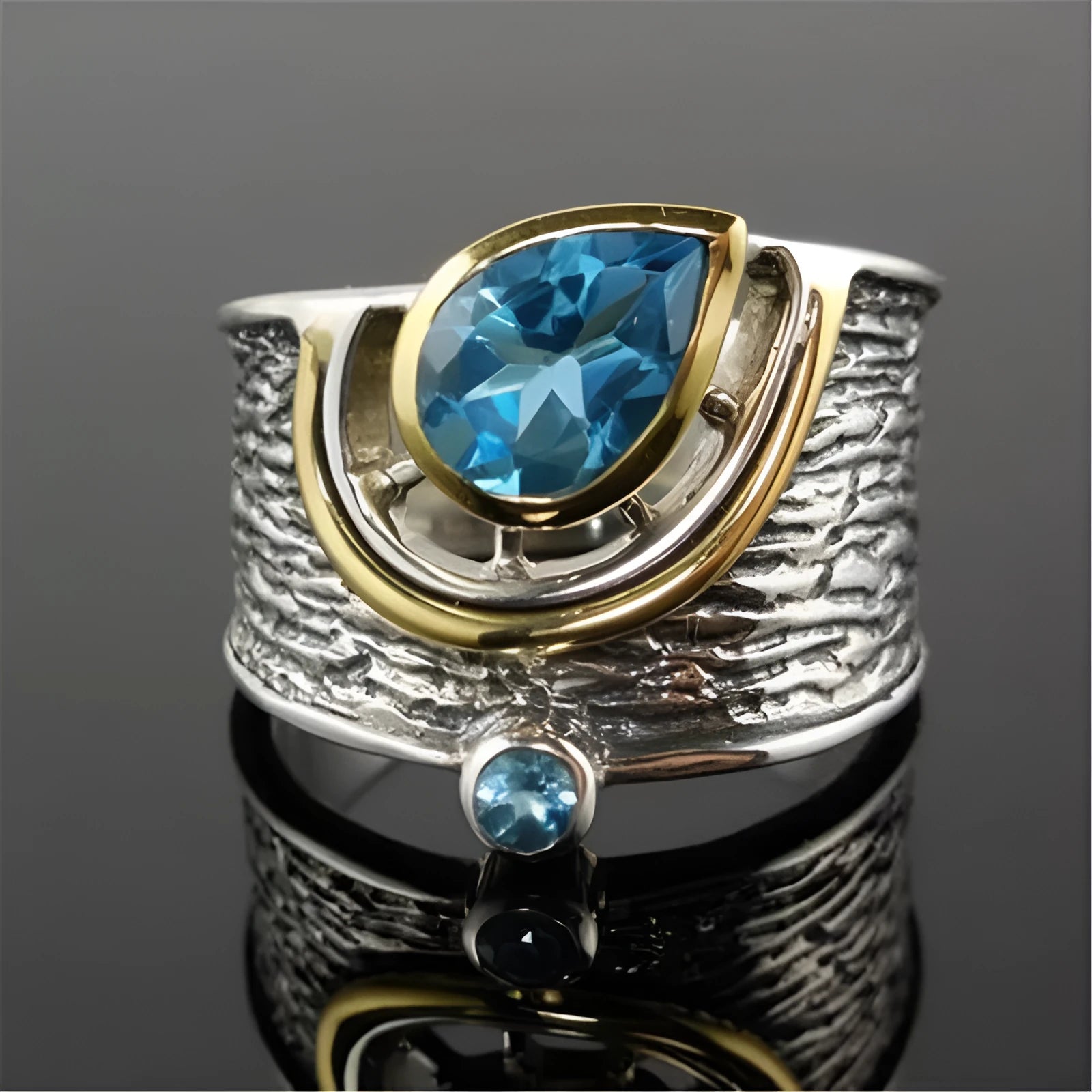 Blue Chinese style women's ring with zircon rhinestones in drop shape design