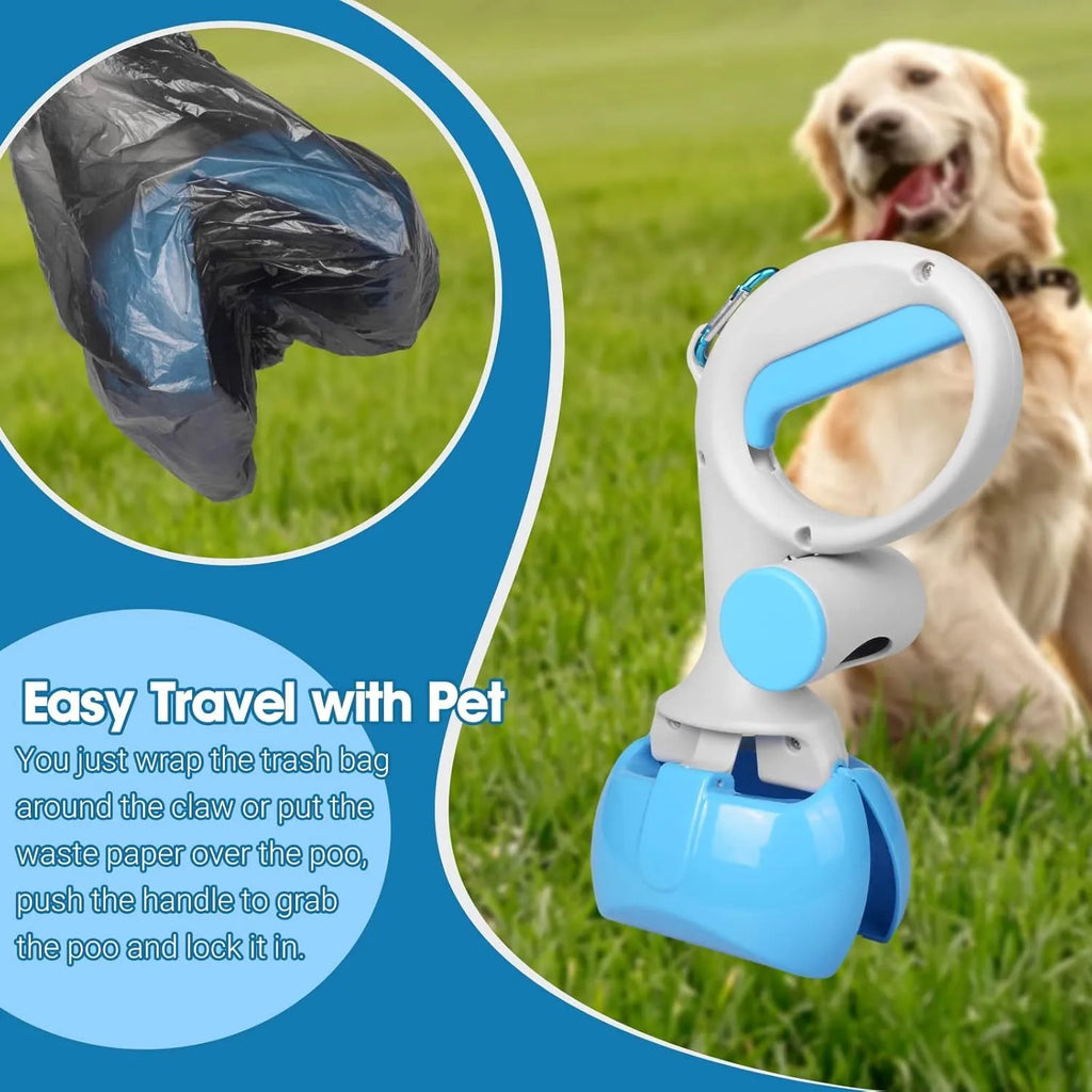Blue ABS plastic pet pooper scooper with integrated trash bag holder and top carry hook.