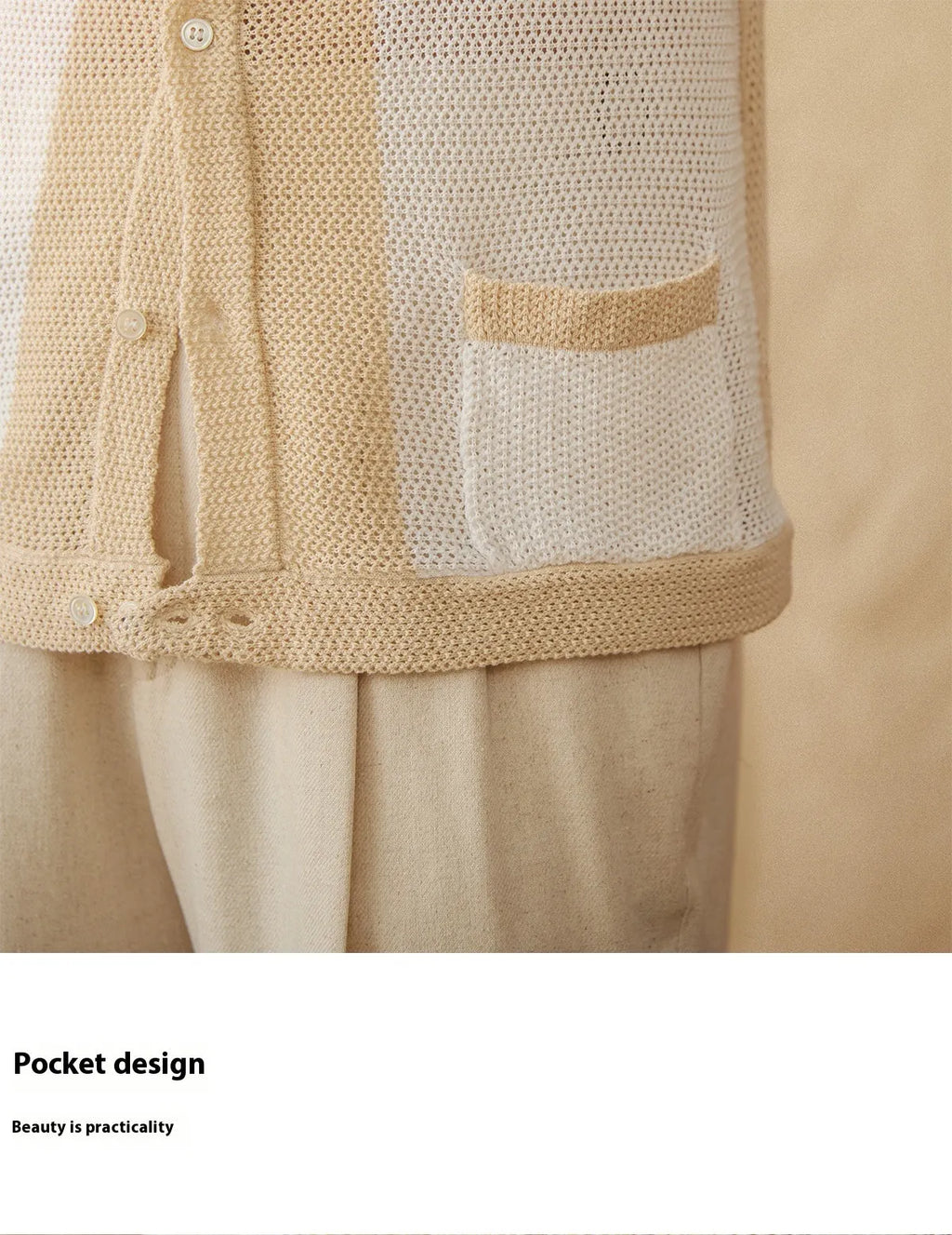Beige linen cotton blended lapel cardigan top with short sleeves on hanger