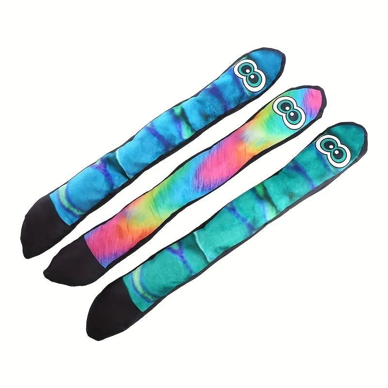 Snake-shaped plush dog squeaky toy with stripe print pattern in blue and green colors