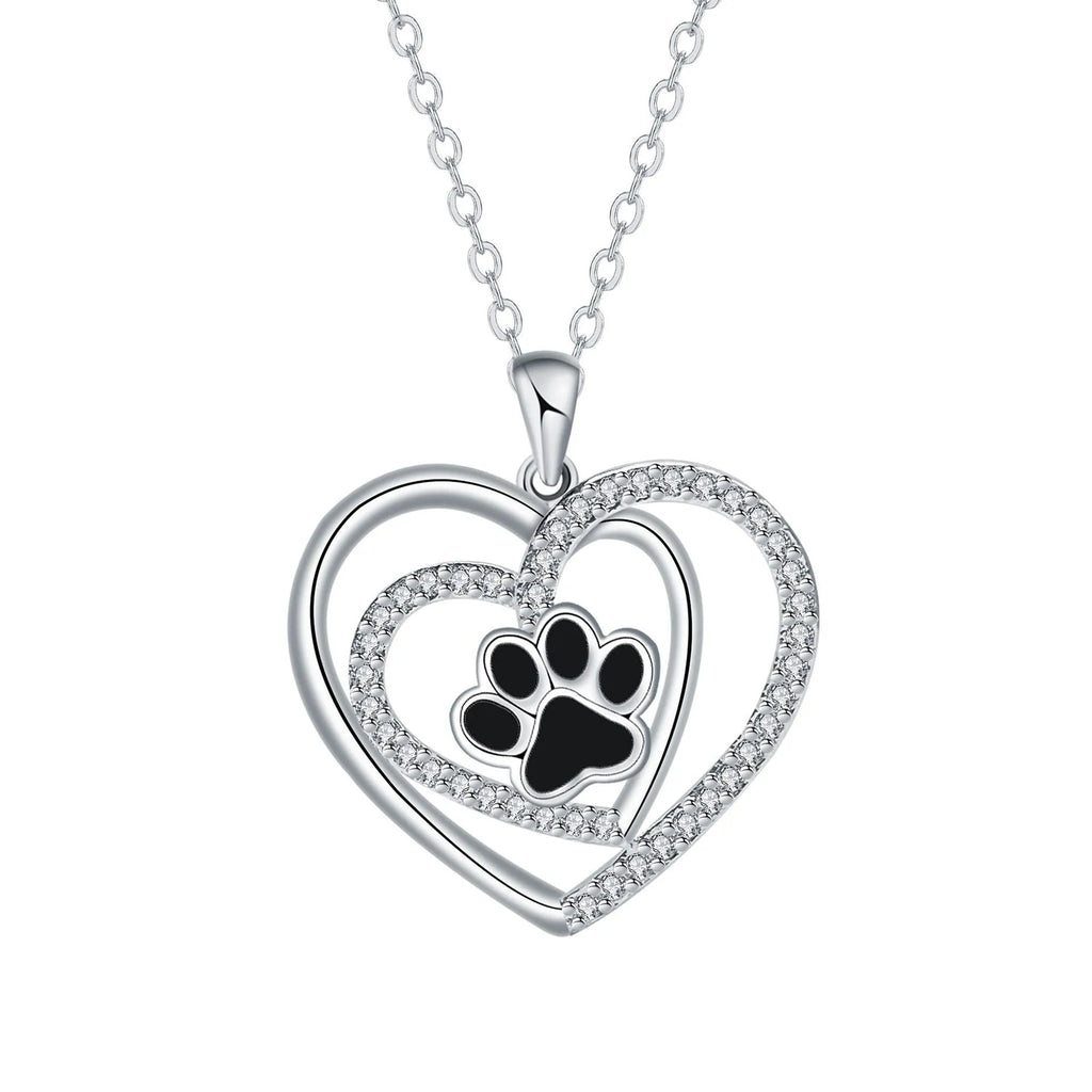Dog's paw footprints necklace with heart pendant on cross chain