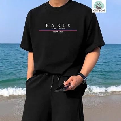 Men's loose fit pure cotton short-sleeved T-shirt with a letter print design.