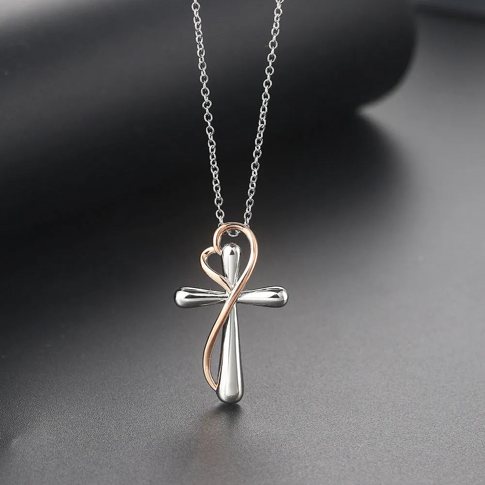 Heart-shaped cross necklace with color separation electroplating white gold colour copper pendant on adjustable chain