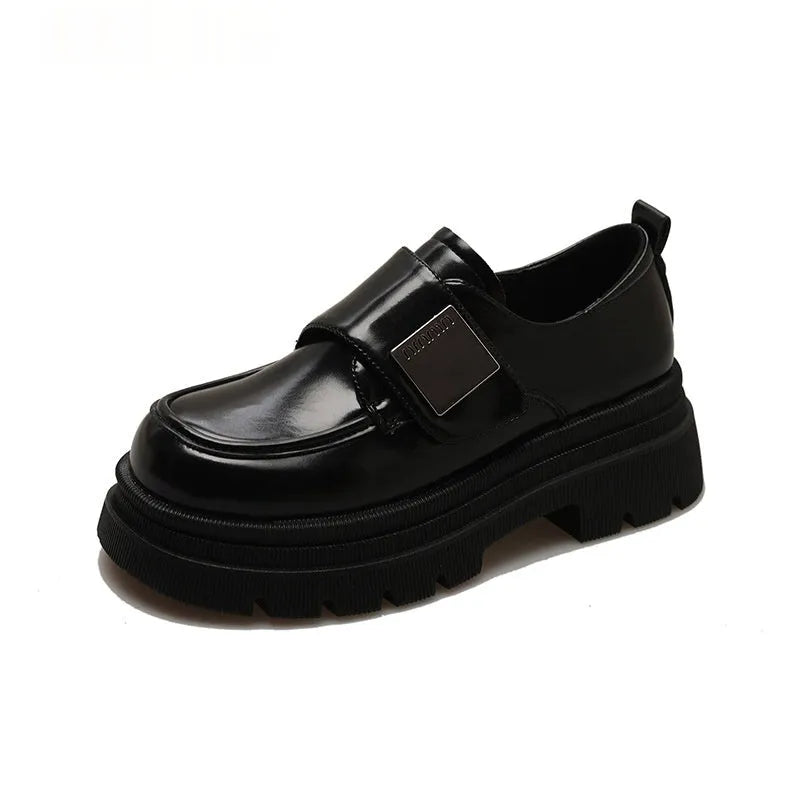 Women's black chunky heel shoes with square heel, microfiber upper, and round toe