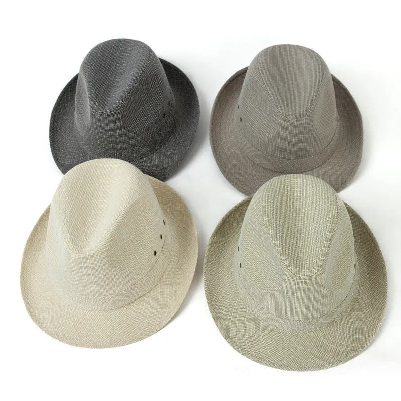 Men's classic fedora hat with thickened brim in grey suit material, shown from the side.