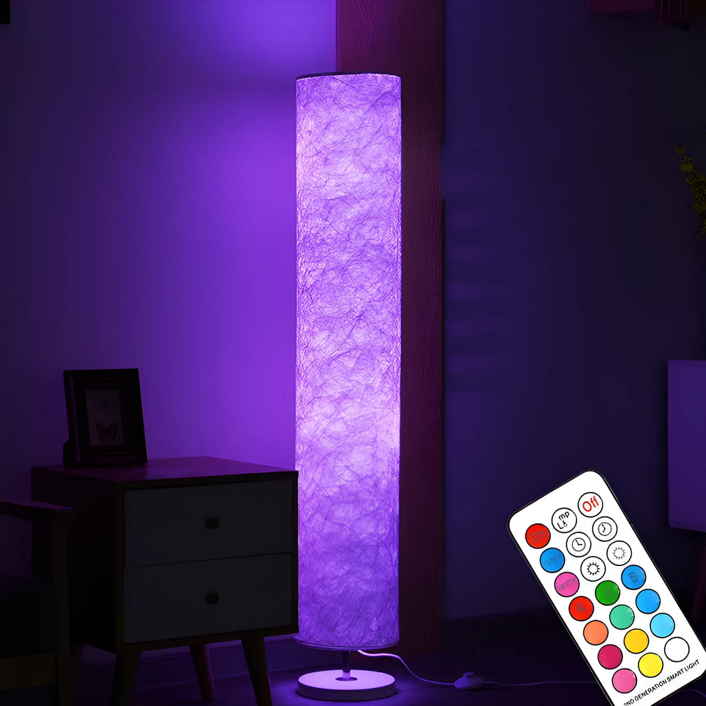 Smart RGB remote control folding floor lamp with stainless steel base and fabric shade