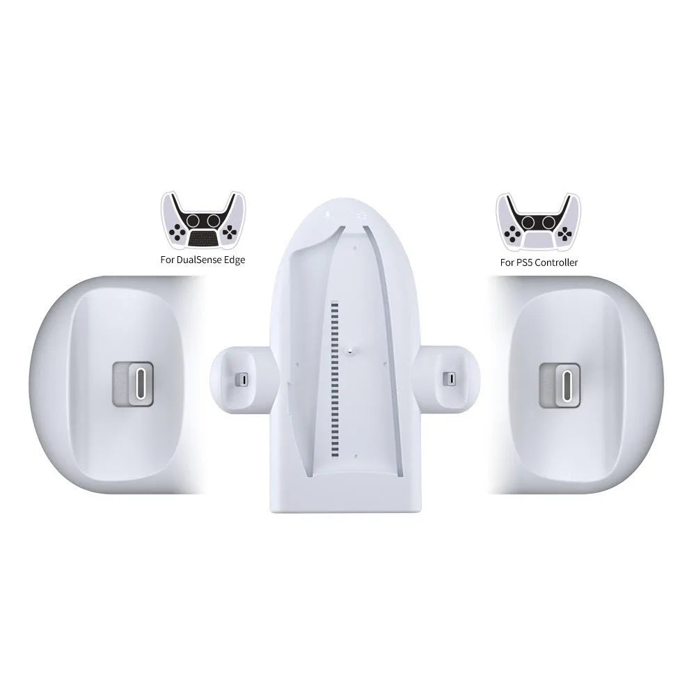 White PS5 Slim multi-function charging station with RGB ambient light and cooling fan.