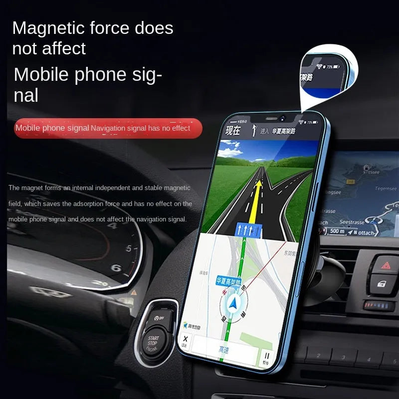 Black aluminium alloy magnetic suction car air outlet mobile phone holder mounted on dashboard