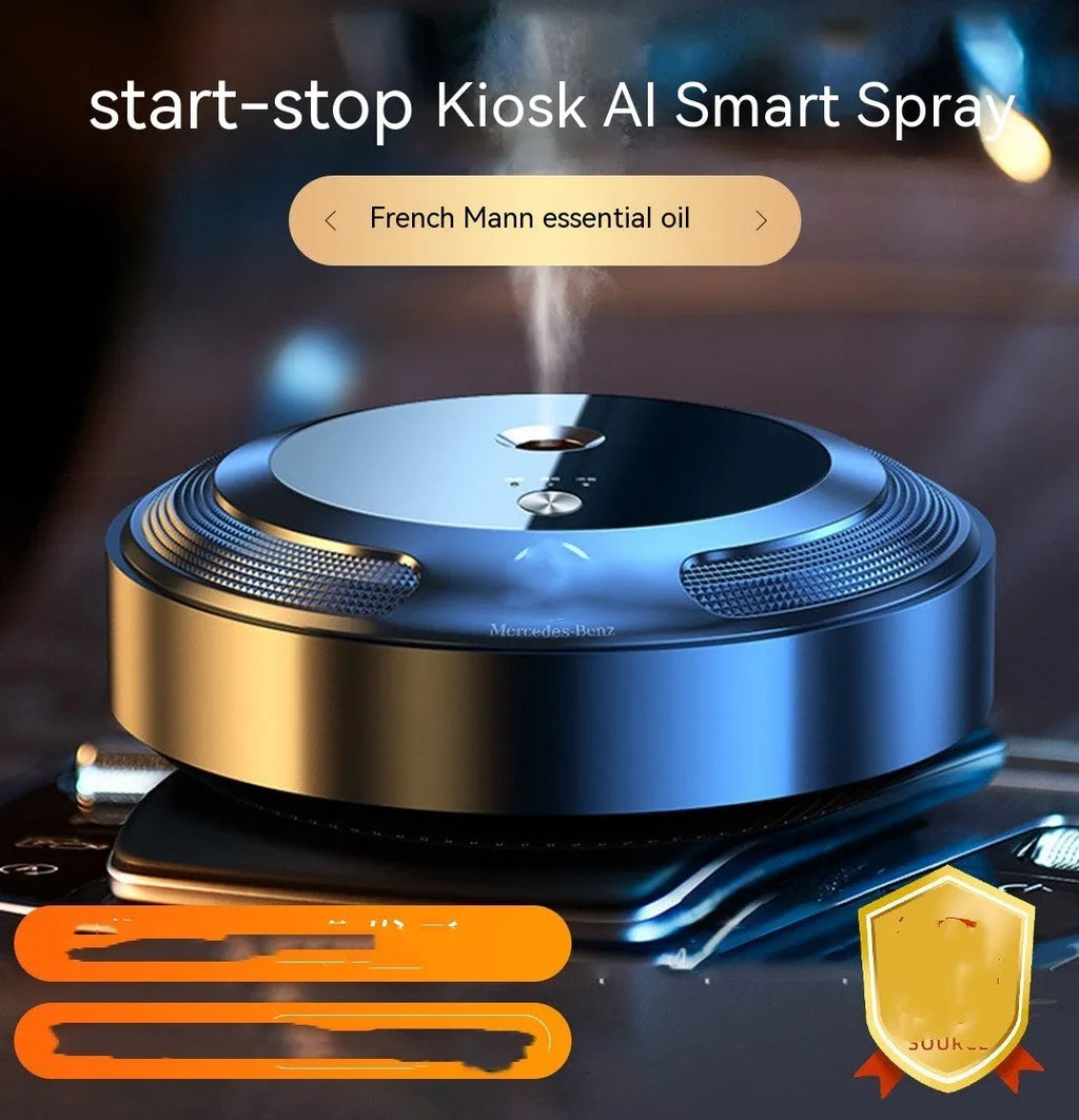 Compact zinc alloy car perfume diffuser with automatic spray function on an anti-slip pad.