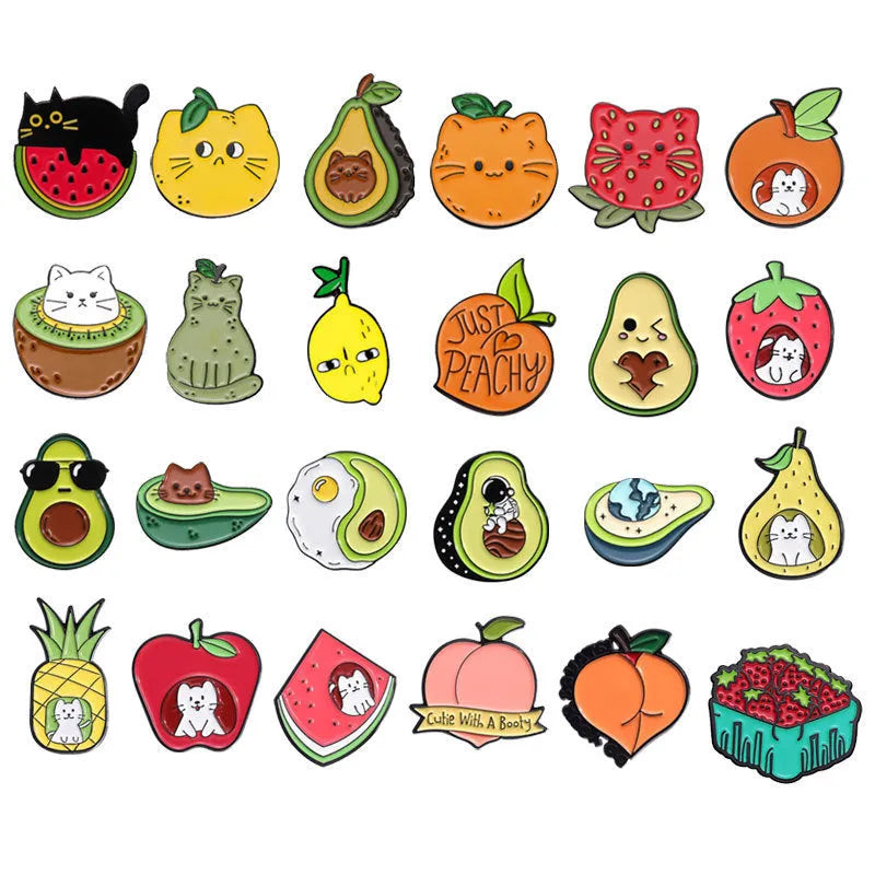 Colourful cartoon fruit design on a letter-shaped zinc alloy brooch pin.