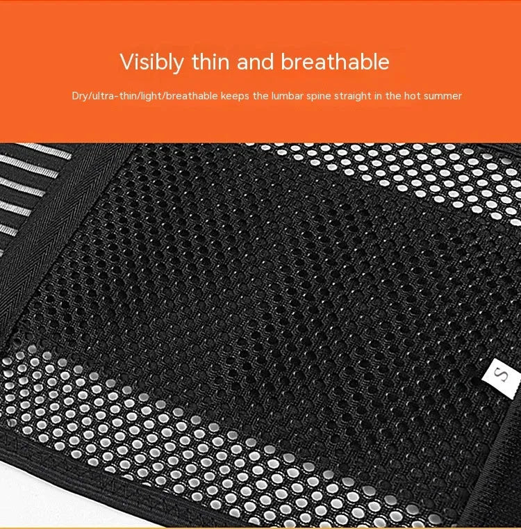 Black breathable sports waist support with steel plate for lumbar decompression, shown with size tags.