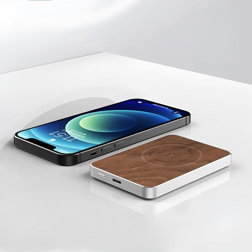 Khaki-coloured wireless magnetic charging bank with a 5000mAh capacity and alloy case.