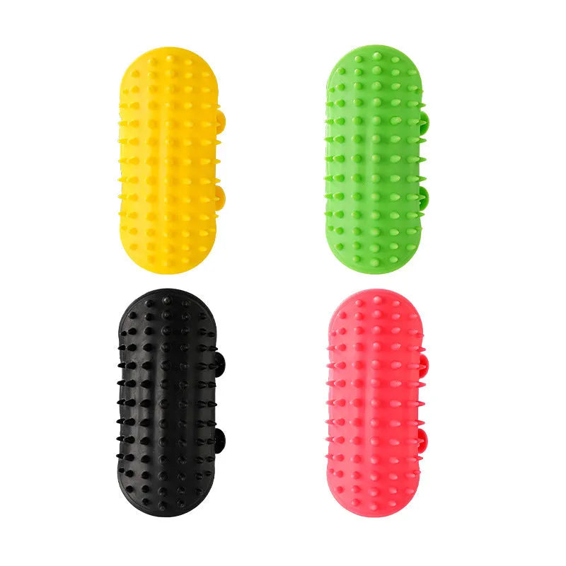 Silicone cat grooming comb with rounded teeth and adjustable strap in chosen colour
