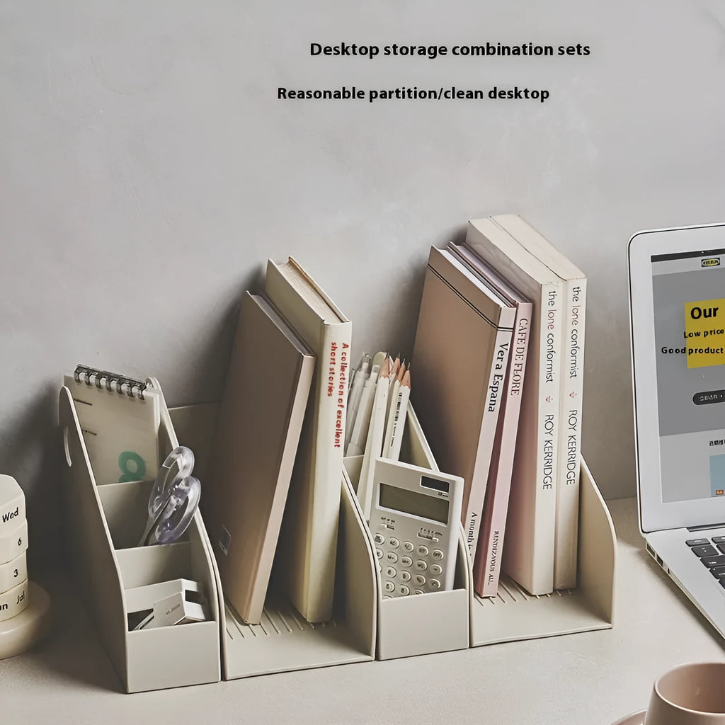 Plastic desktop storage box with two-layer grid organisation in ivory white colour