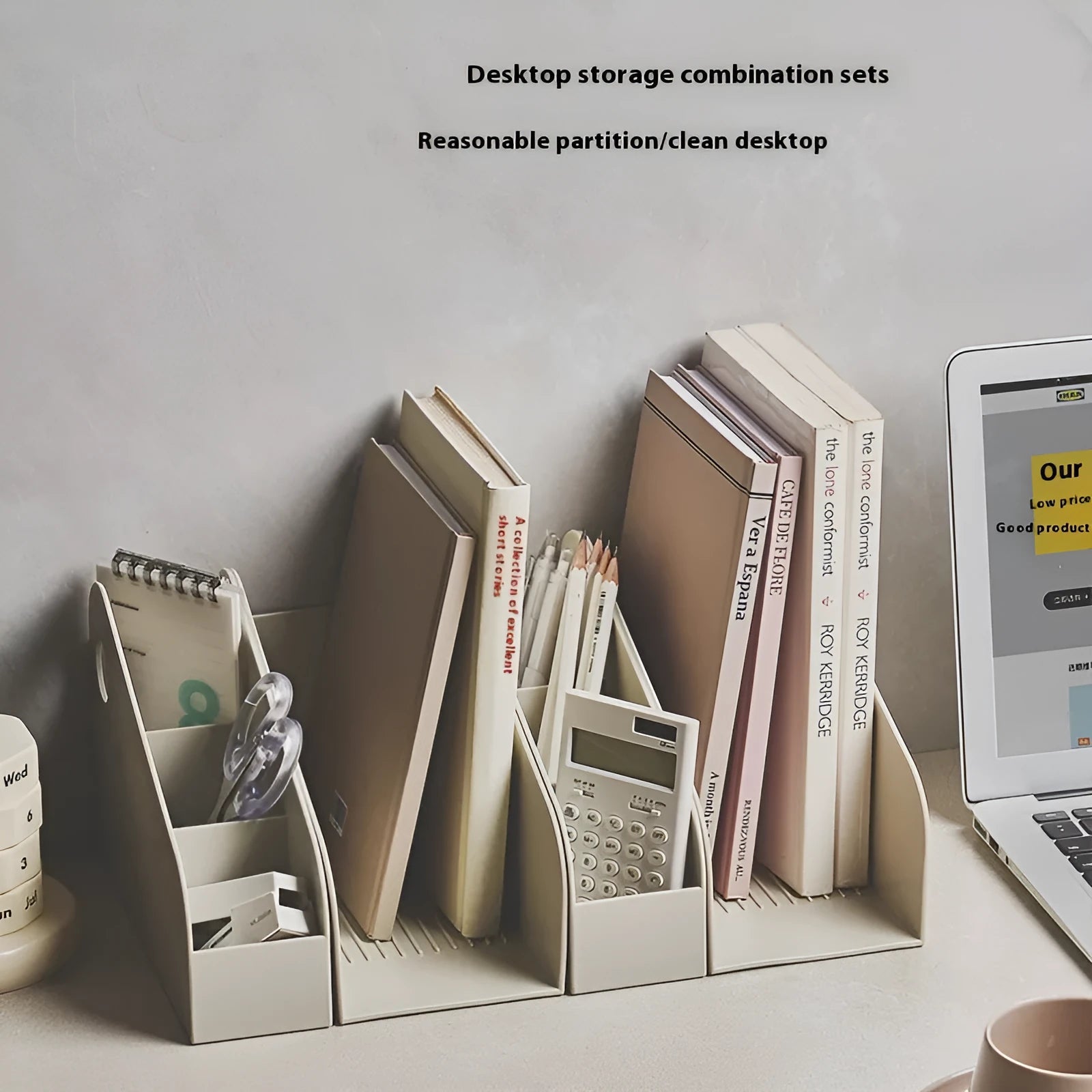 Plastic desktop storage box with two-layer grid organisation in ivory white colour