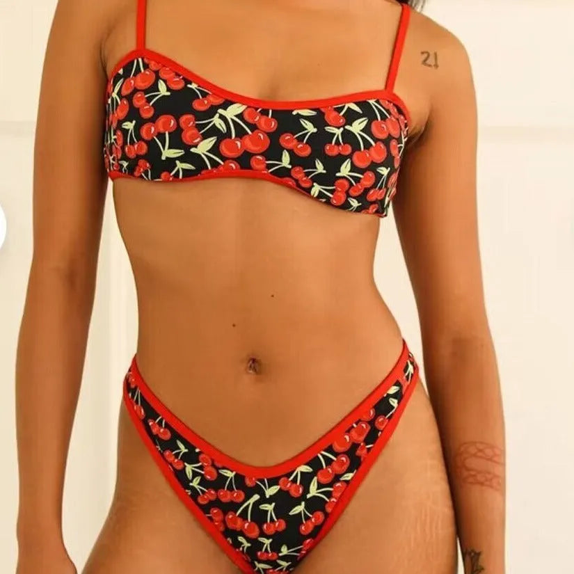 Women's cherry print tube top bikini set with brief bottoms in polyester fabric