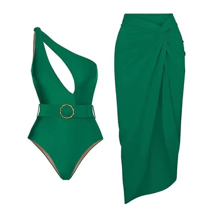 Women's one-piece swimsuit with gauze skirt in polyester, showing double shoulder and oblique shoulder strap styles.