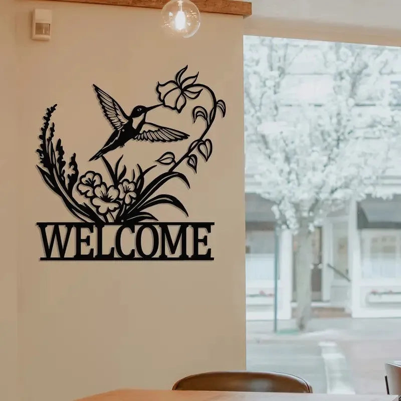 Metal silhouette welcome board for courtyard door with hummingbird design, wall-mounted wrought iron style