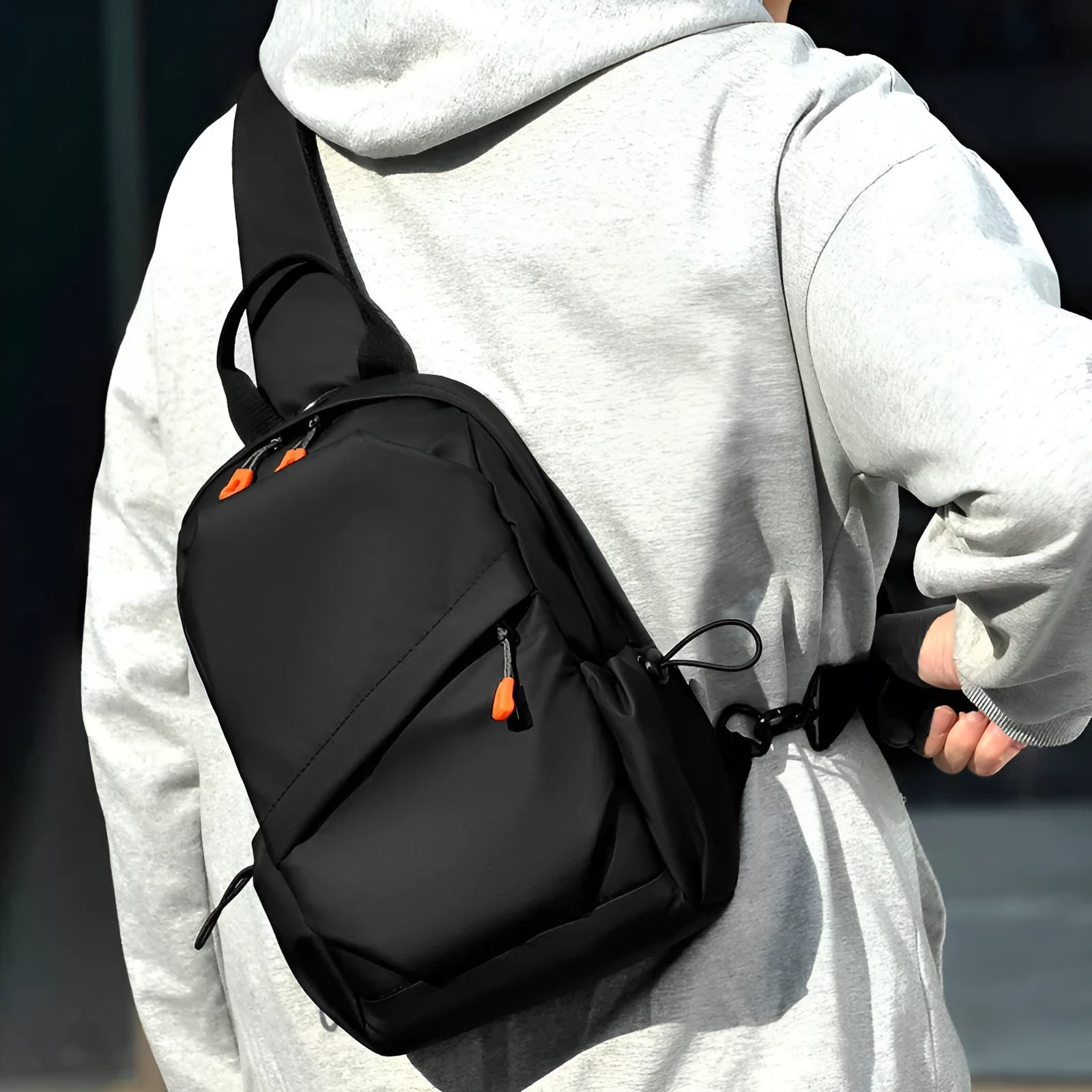 Men's black and grey waterproof polyester crossbody bag with single shoulder strap